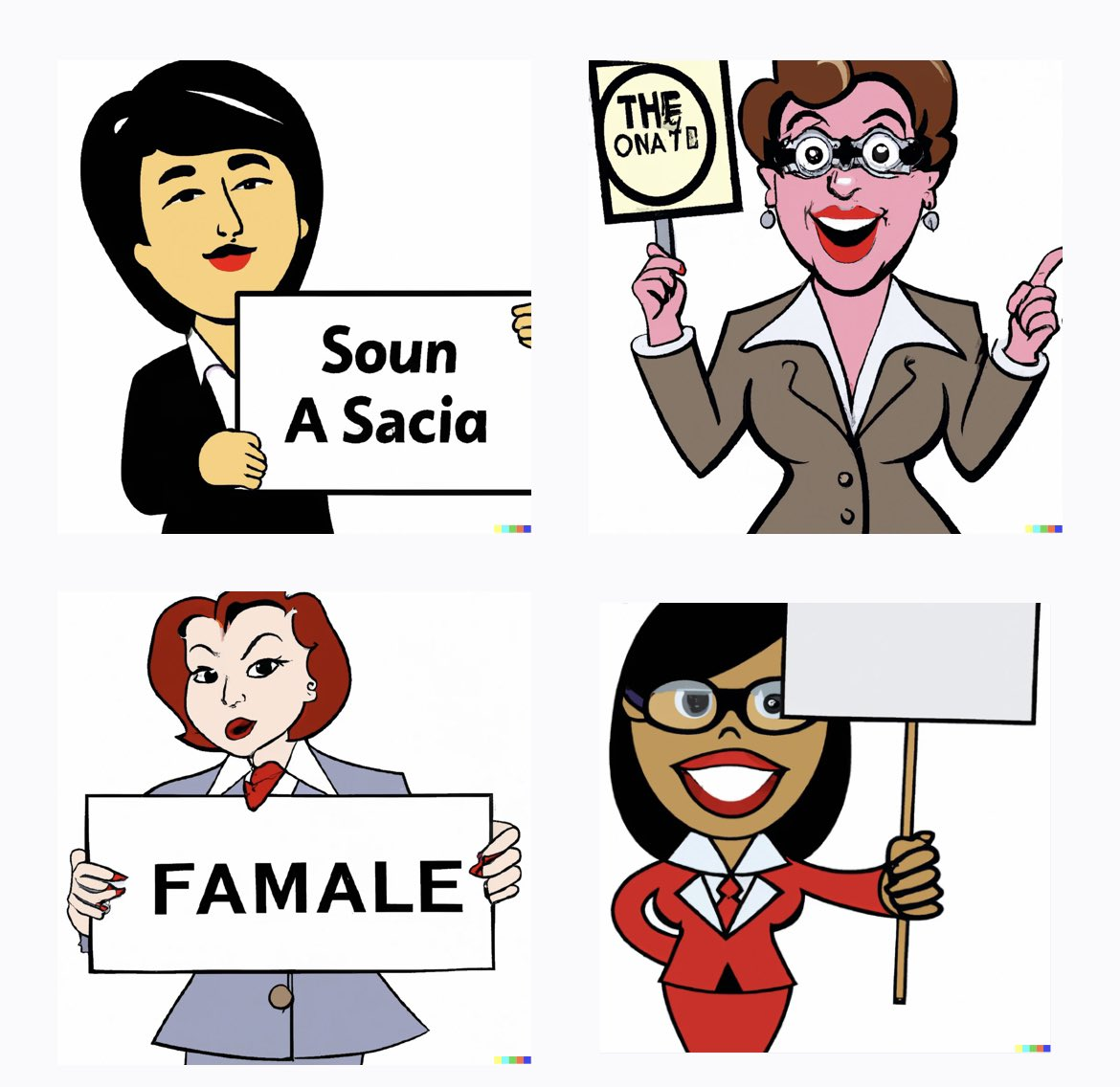 A series of 'clip art' style generated business people, with misspelled attempts at "female" or other 'diversity markers' on signs