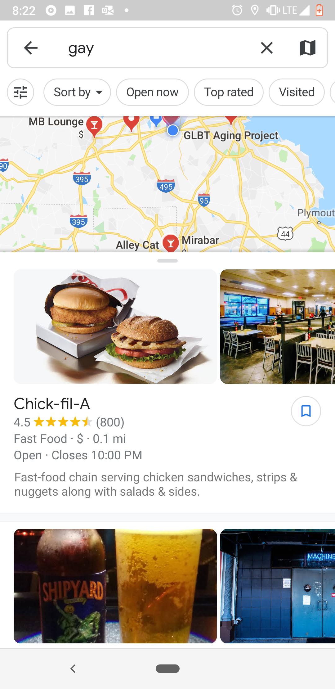 a search for 'gay' which came out with chick fil a