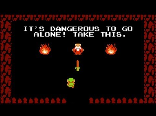 screencap from the legend of zelda saying "it's dangerous to go alone! Take this."