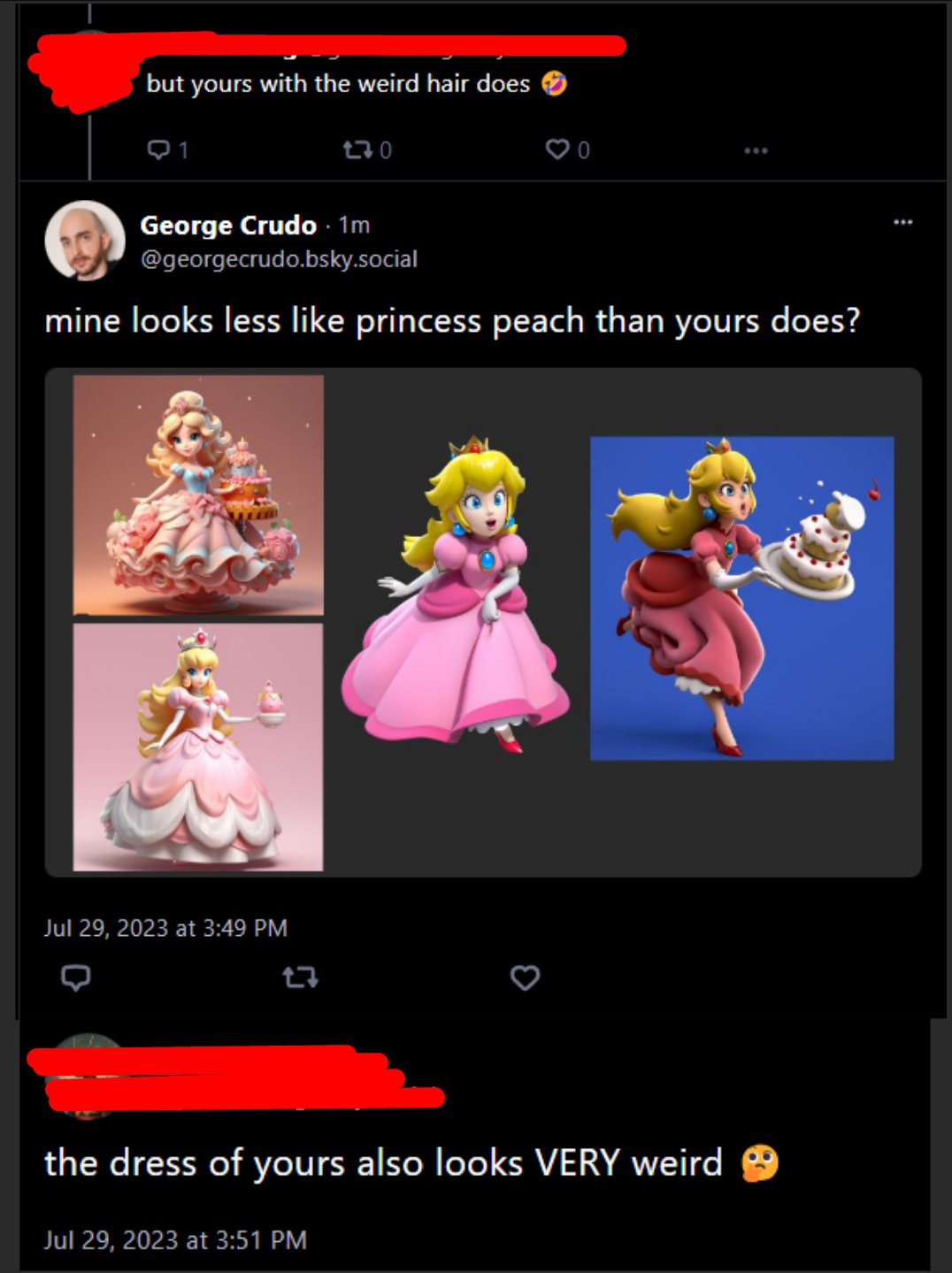 george crudo comparing two pink princesses with his model of peach and asking which one looks more like princess peach (it's his one)