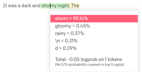 An example of the GPT3 playground and percentages