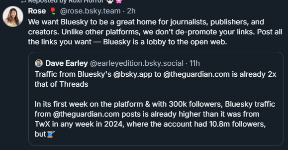 Rose (@rose.bsky.team):
“We want Bluesky to be a great home for journalists, publishers, and creators. Unlike other platforms, we don’t de-promote your links. Post all the links you want — Bluesky is a lobby to the open web.” Dave Earley (@earleyedition.bsky.social):
“Traffic from Bluesky’s @bsky.app to @theguardian.com is already 2x that of Threads.
In its first week on the platform & with 300k followers, Bluesky traffic from @theguardian.com posts is already higher than it was from TwX in any week in 2024, where the account had 10.8m followers, but 🌀”