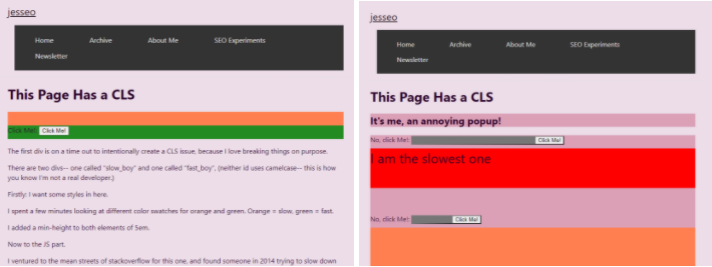 the same web page side by side, showing how the page has changed on load vs. after layout shifting