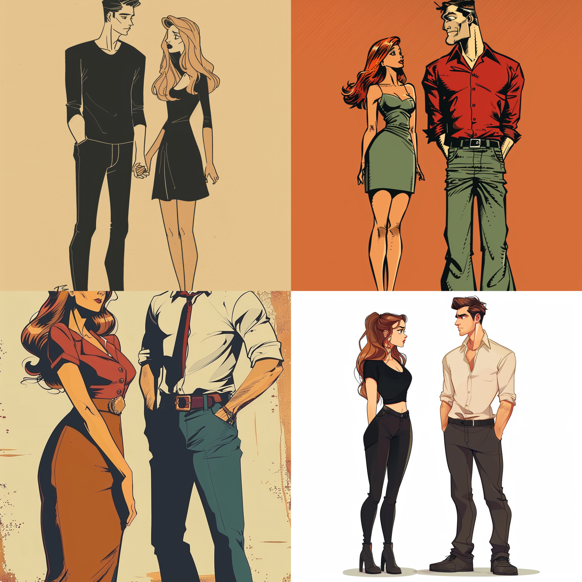 result from midjourney: four images of two white comic style people with a taller man and shorter woman.
