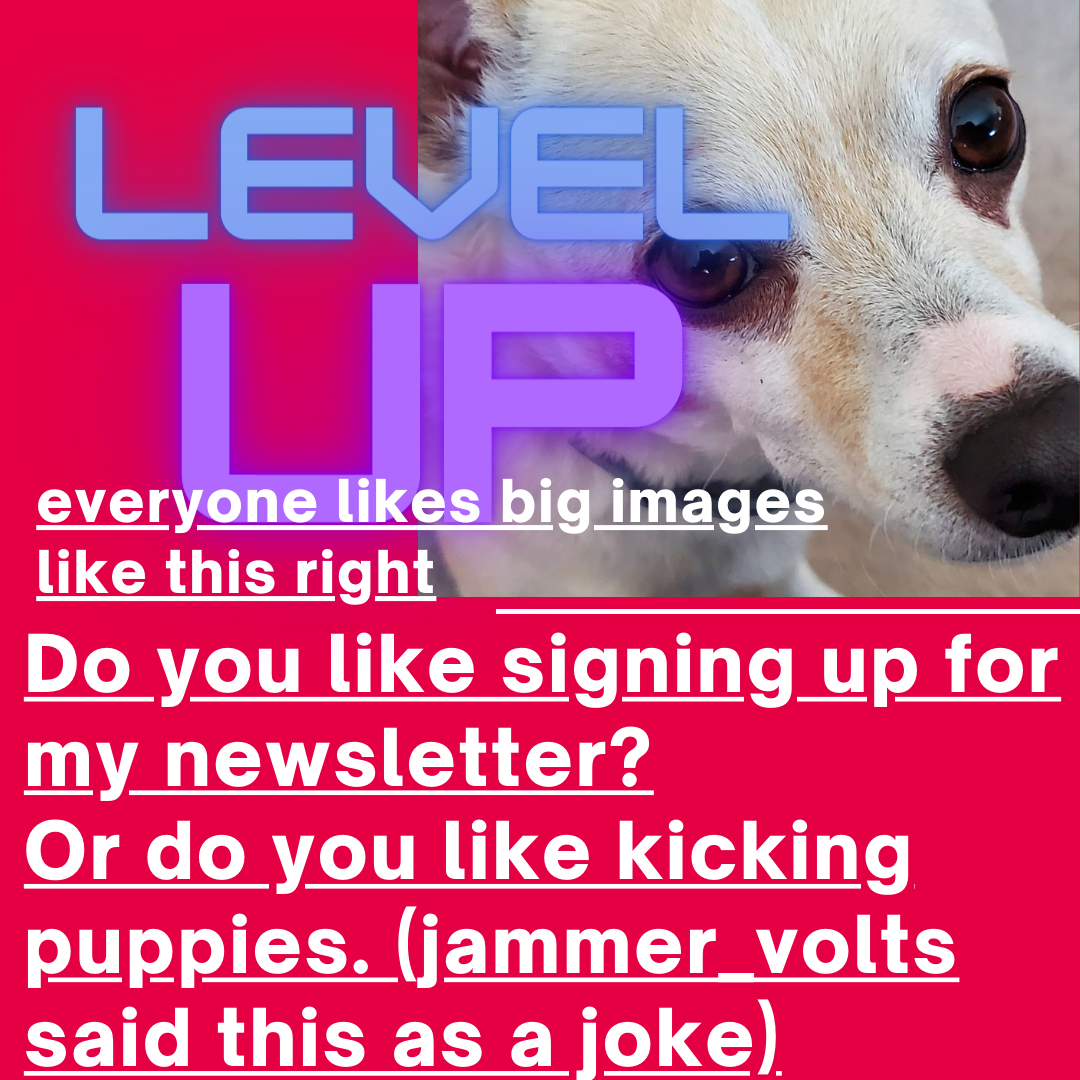 image of a website header with a picture of a dog, says 'level up. everyone likes big images
like this right Do you like signing up for my newsletter?
Or do you like kicking puppies. (jammer_volts said this as a joke)