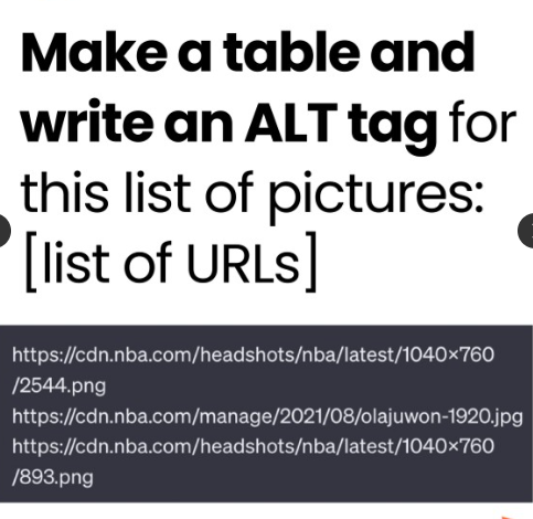 image from slideshow: make a table and write an alt tag for this list of pictures (list of urls) with three urls from the nba
