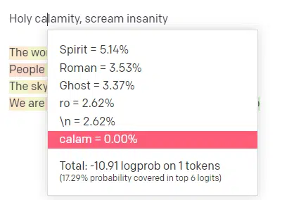 screenshots that show percentages chances of each token