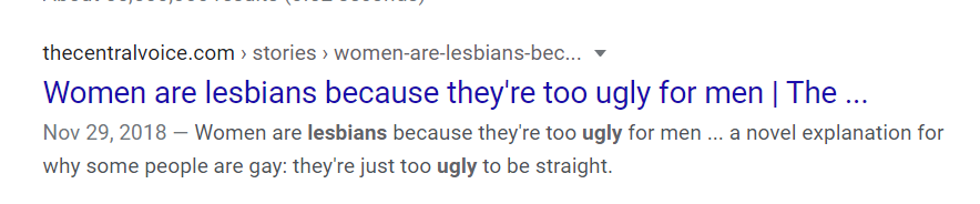 Women are lesbians because they're too ugly for men | The ...thecentralvoice.com › stories › women-are-lesbians-bec...Nov 29, 2018 — Women are lesbians because they're too ugly for men ... a novel explanation for why some people are gay: they're just too ugly to be straight.