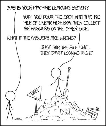 XKCD comic: this is your machine learning system? yup, you pour the data into this big pile of linear algebra, then collect the answers on the other side
