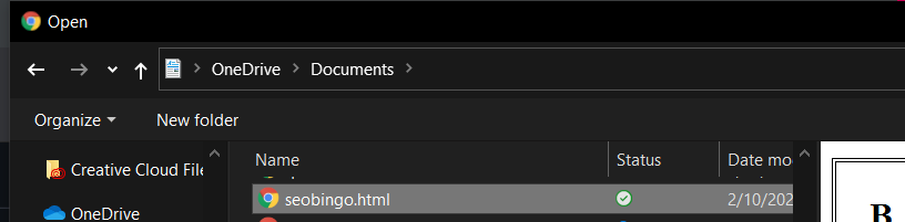 a screenshot of a onedrive folder with a html file in it, openable by chrome