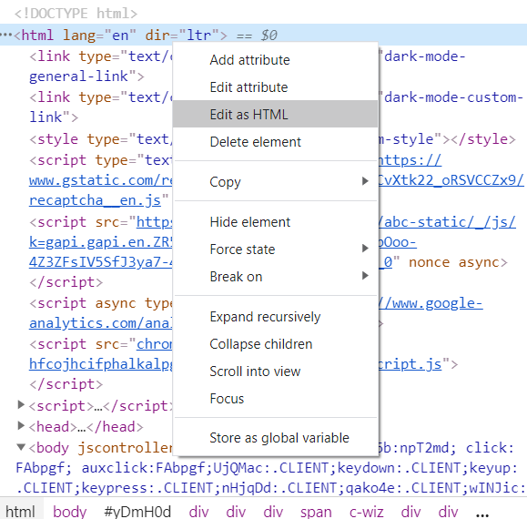 screencap of editing the html from the web inspector