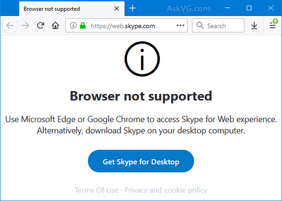 a screengrab of an older browser saying "browser not supported: use microsoft edge or google chrome to access skype for web experience. alternatively, downlaod skype on your desktop computer."