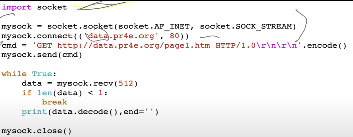 code snippet from Chuck Severance's vide: how to build a basic web browser, linked below, with text and audio.