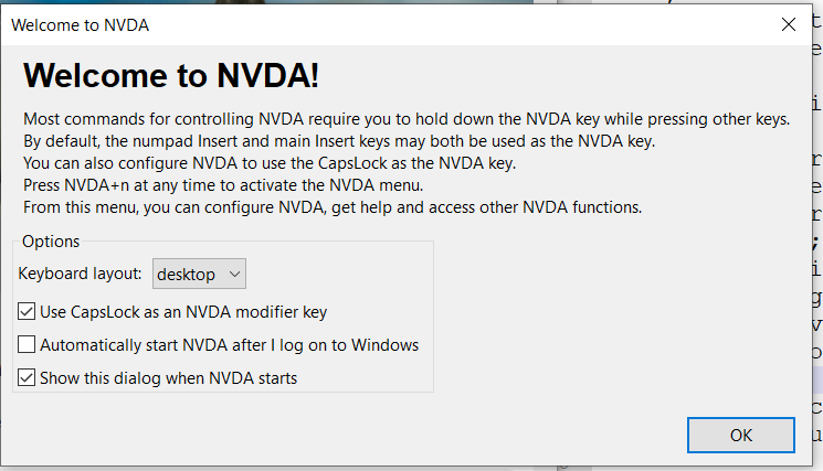 a screengrab of the NVDA welcome screen 