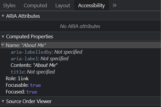 screencap of the accessibility panel in chrome devtools, focused on the computed properties