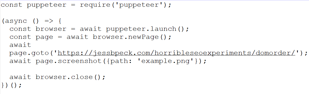 puppeteer script: const puppeteer equals require puppeteer: async, const browser await puppeteer.launch()