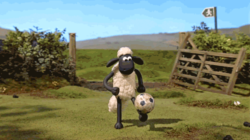 shaun the sheep playing keepy uppy with a football