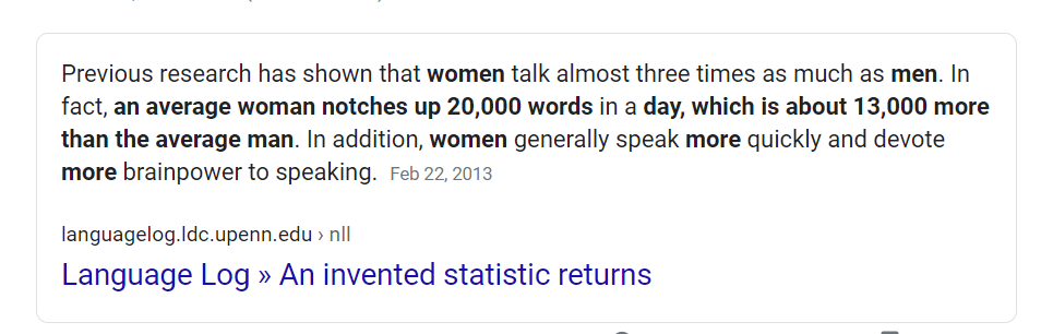 Previous research has shown that women talk almost three times as much as men. In fact, an average woman notches up 20,000 words in a day, which is about 13,000 more than the average man. In addition, women generally speak more quickly and devote more brainpower to speaking.Feb 22, 2013 Language Log » An invented statistic returns